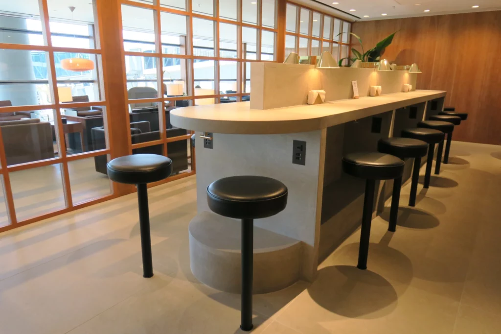 a bar with stools in a room