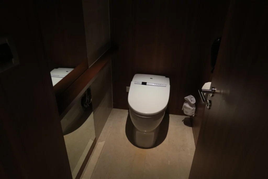 a toilet in a dark room