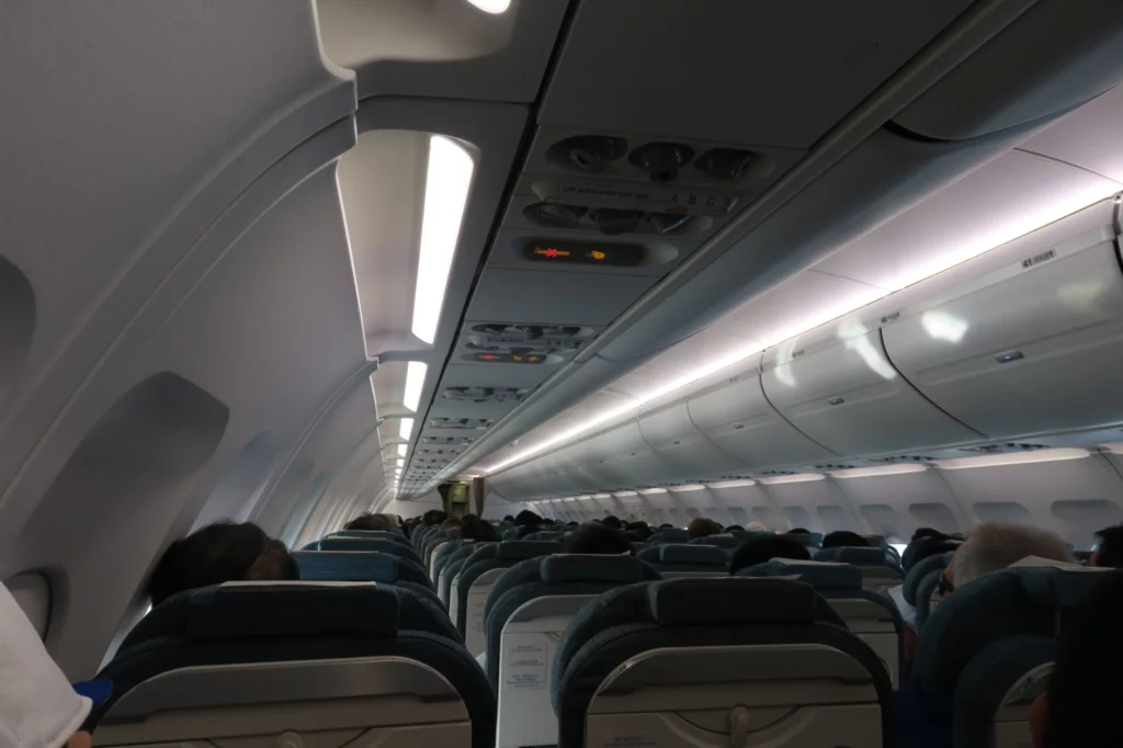 a plane with seats and lights