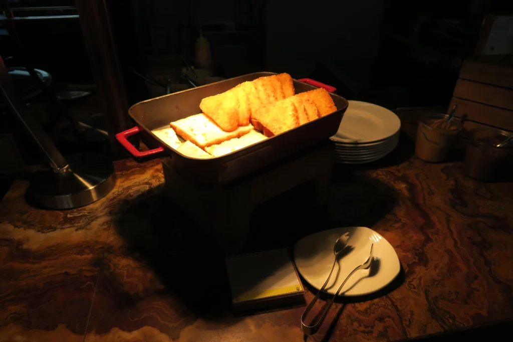 a pan of bread on a counter