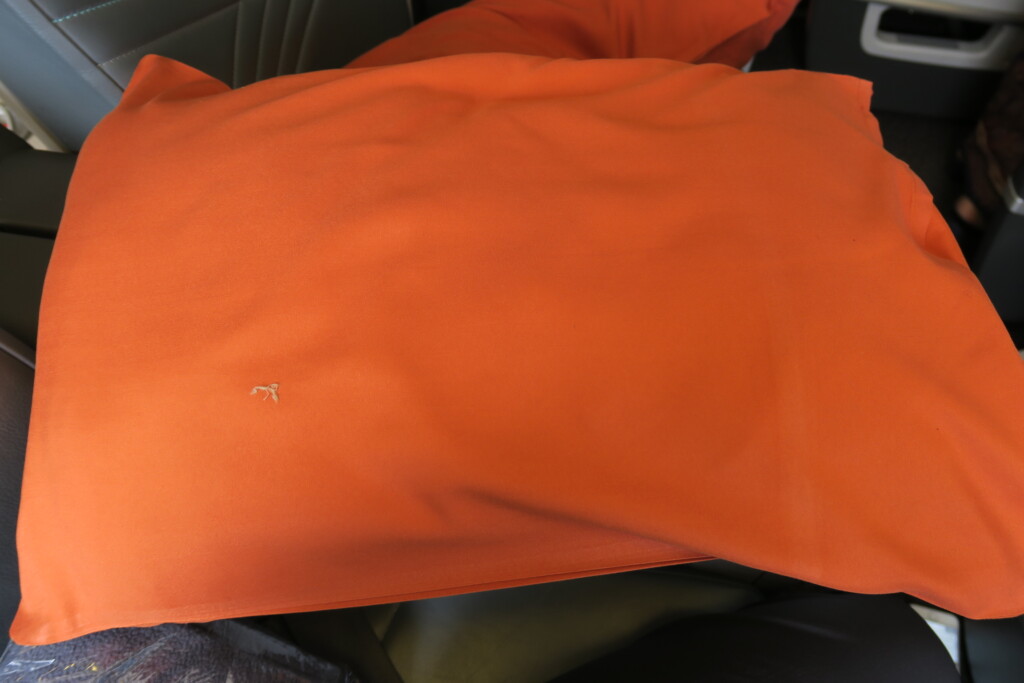 an orange shirt on a person's lap