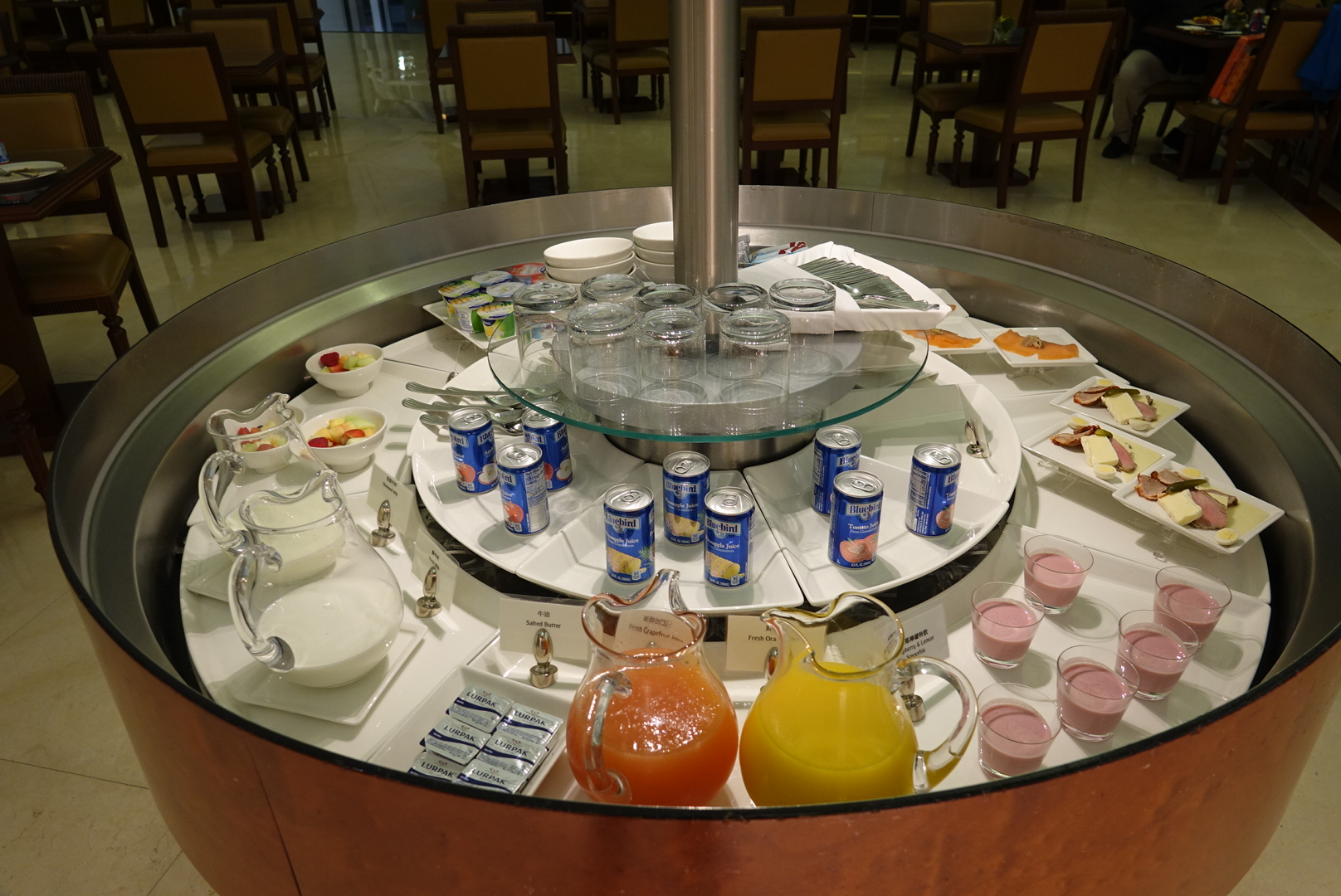 a table with drinks and beverages on it