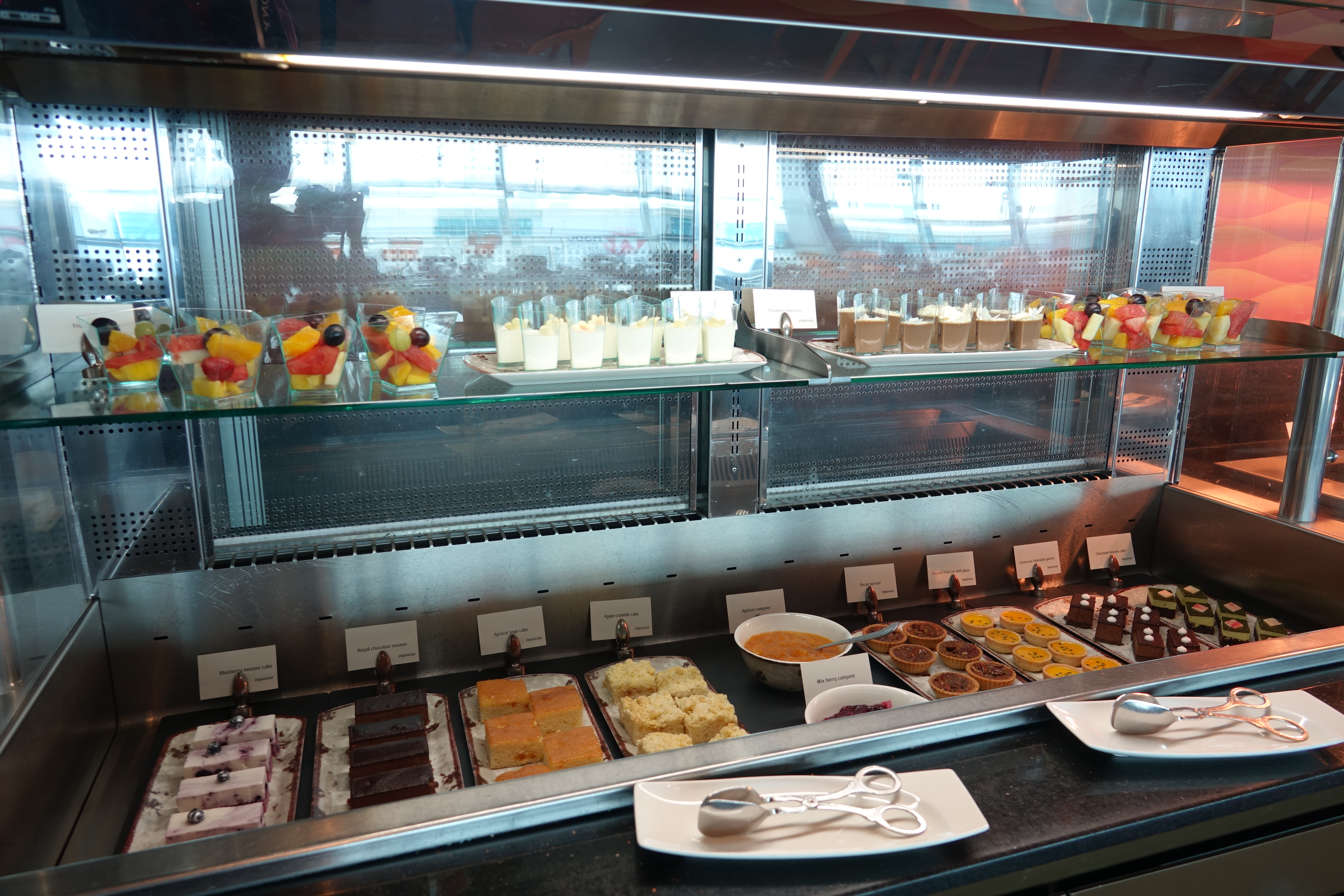 a buffet with food on shelves