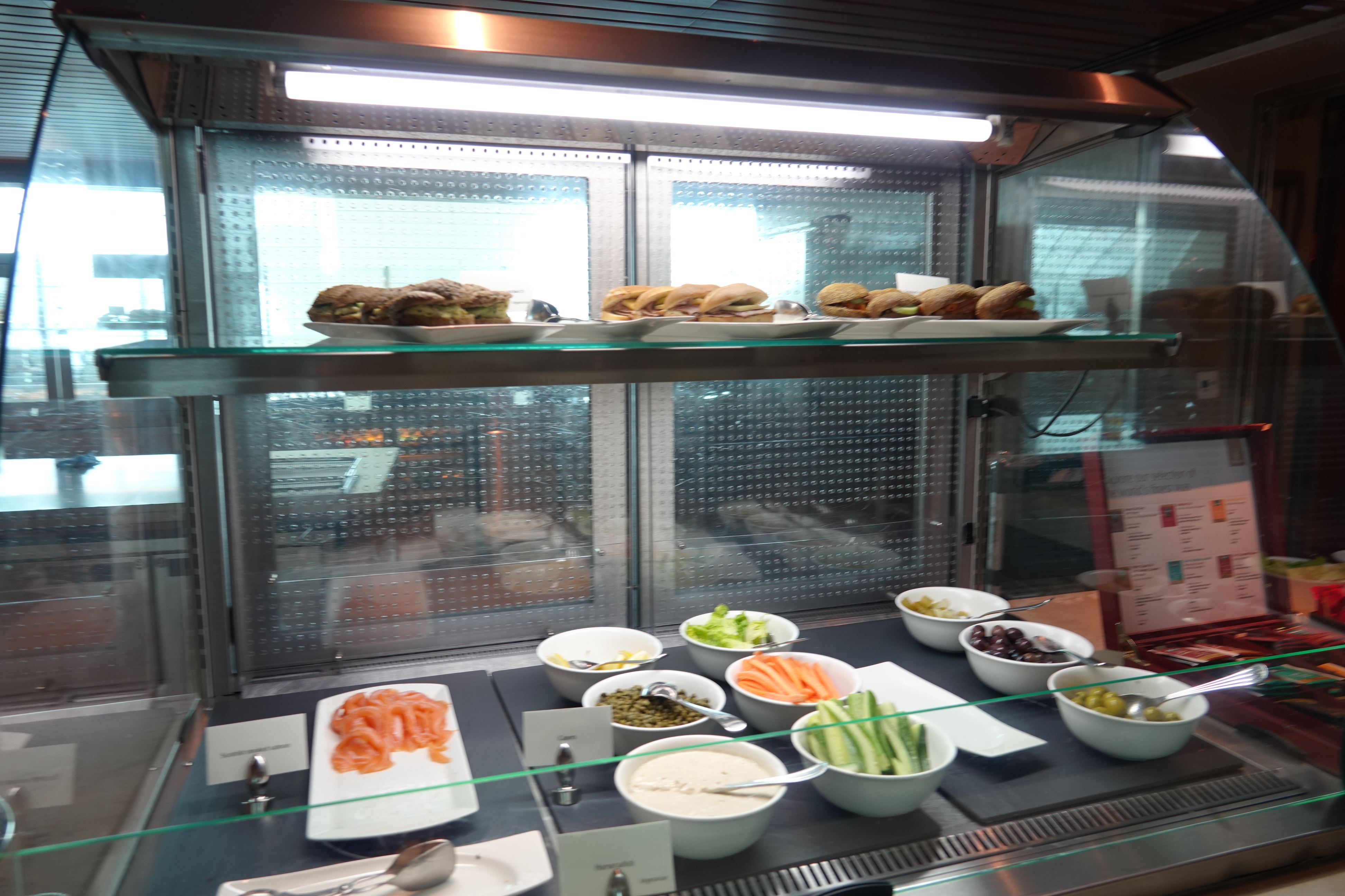 a food on shelves in a restaurant