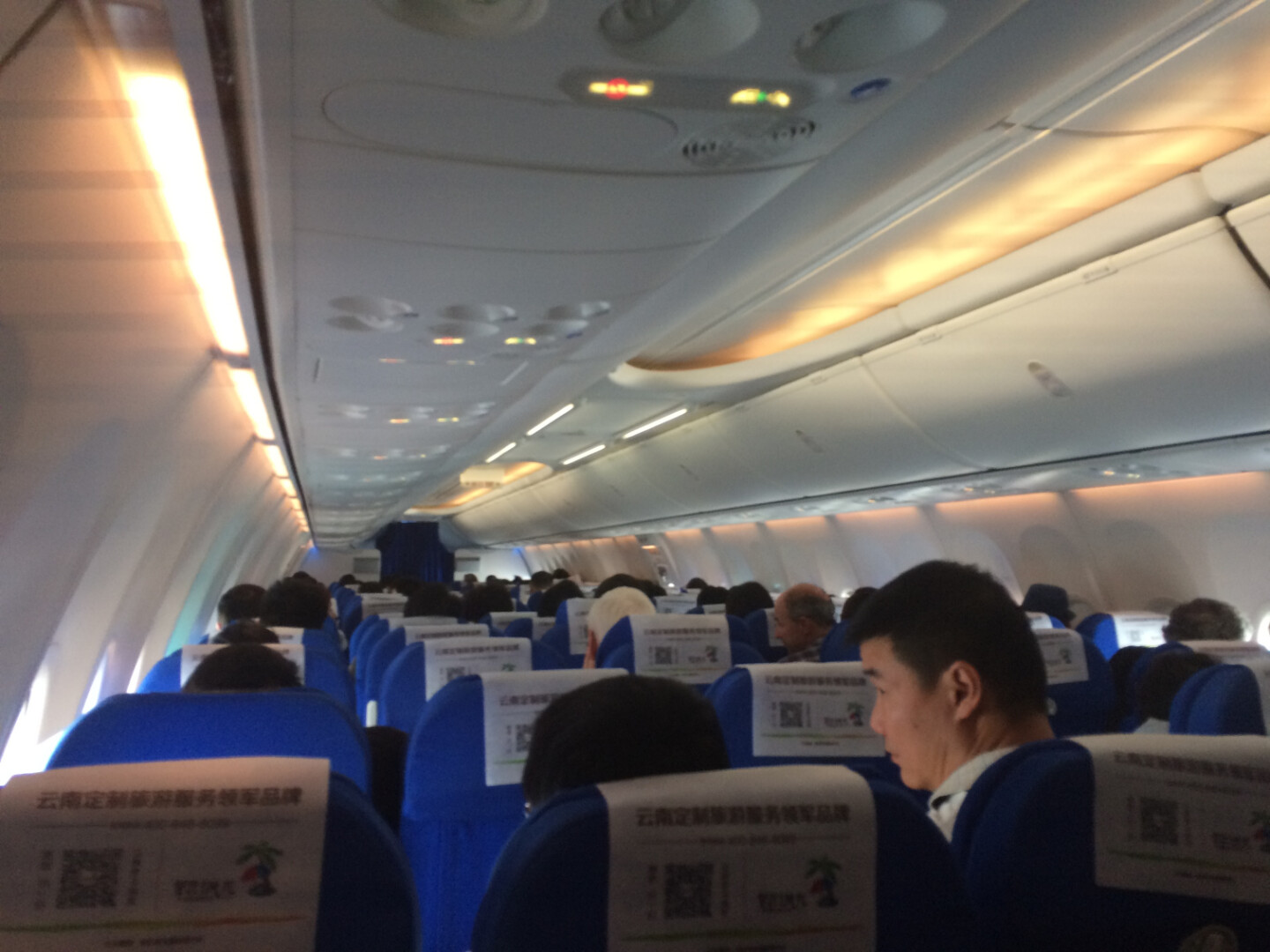 people sitting in an airplane with signs on them
