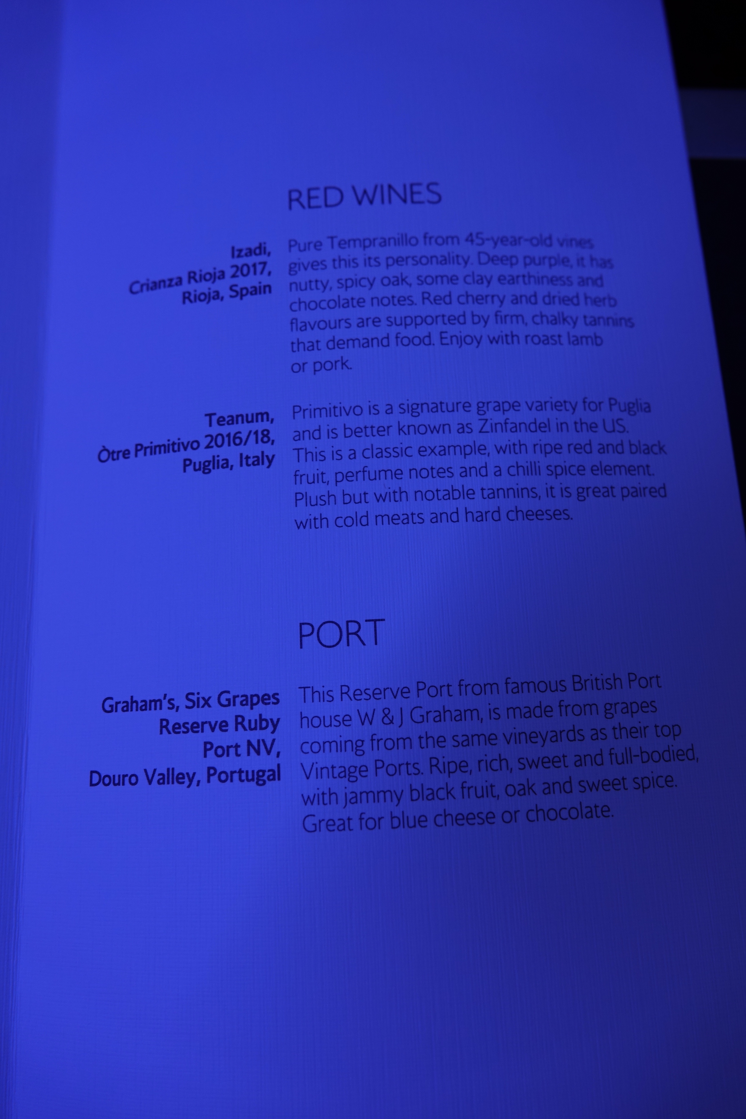 a menu of wine and port