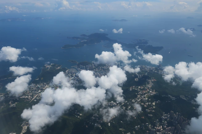 aerial view of a city and islands from above