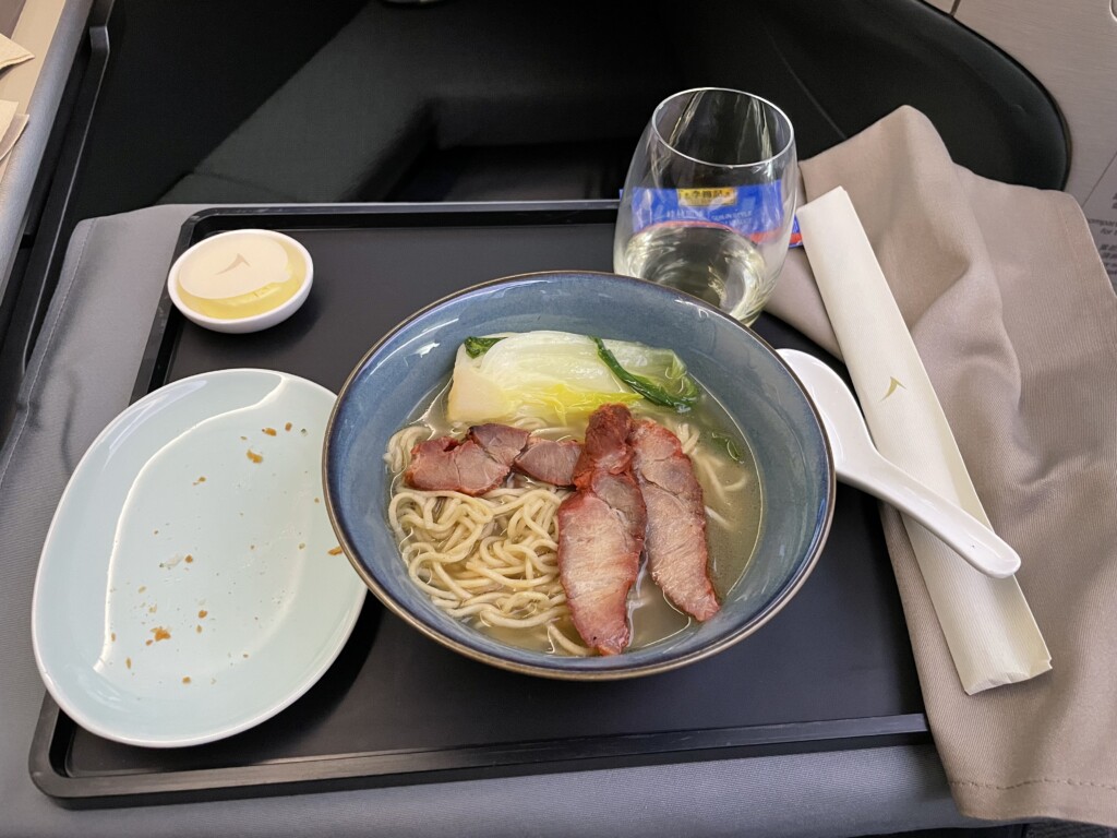 Cathay Pacific A350 Business Class Meal Service Main – Barbecued Pork Egg Noodle Soup with Pak Choy