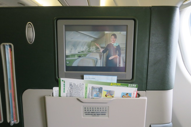 a screen with a picture of a woman on the back of a seat