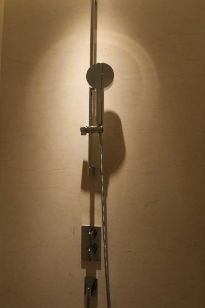 a shower head with a light on