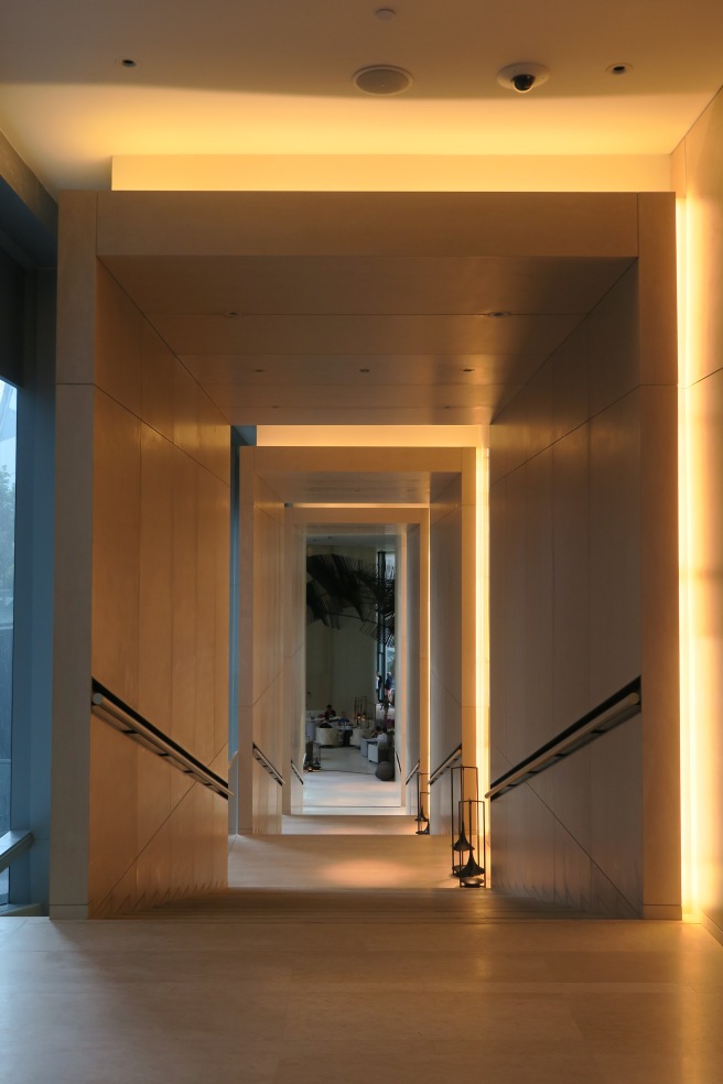 a hallway with lights on
