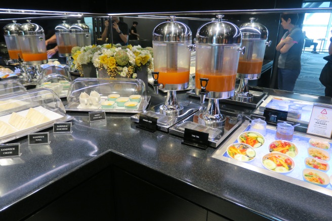 a buffet table with food items