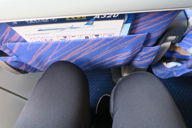 a person's legs in a seat with a blue fabric in the back