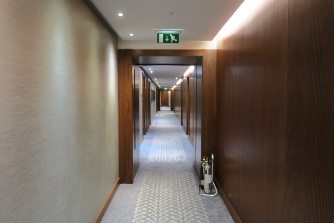 a long hallway with wooden doors