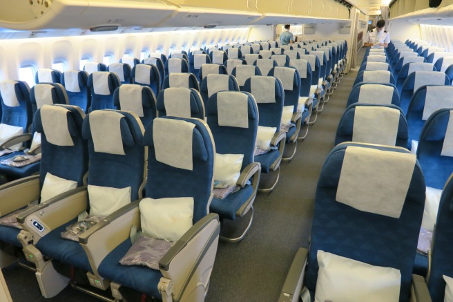 rows of blue and white seats on an airplane