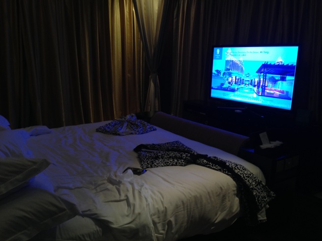 a bed with a television in the background