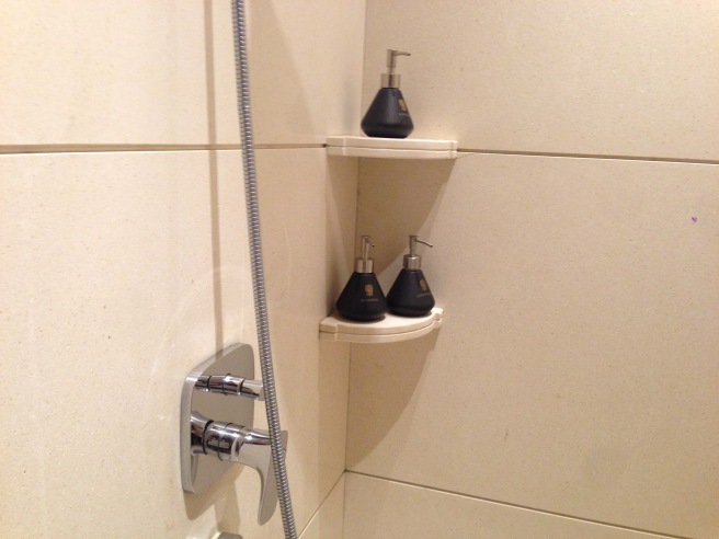 a shower with soap dispensers