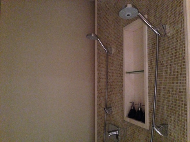 a shower heads and a shelf