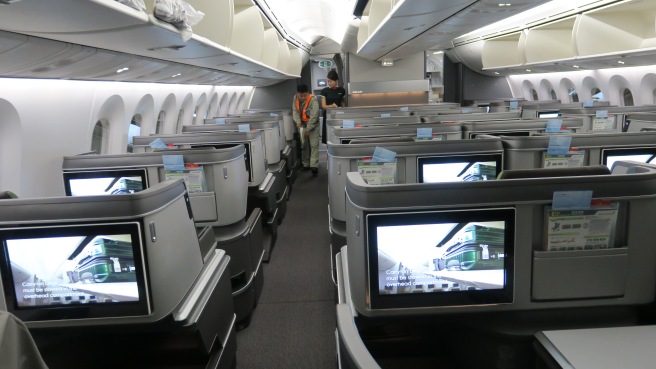 an airplane with a television and a man standing in the back