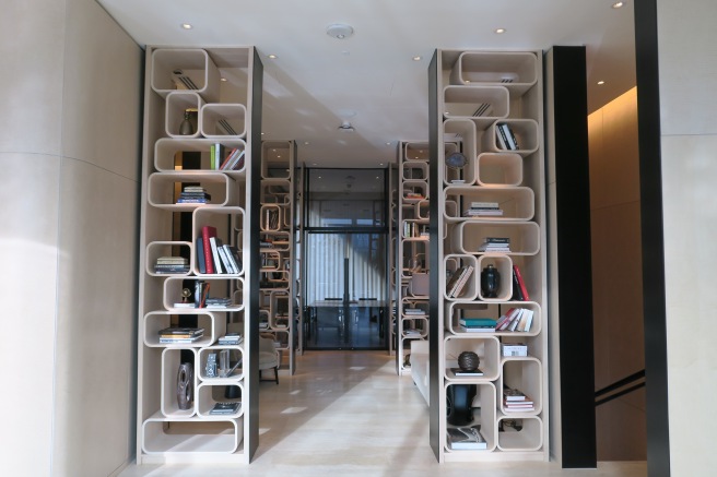 a room with a book shelf