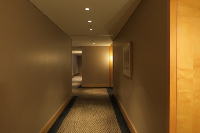 a hallway with a carpeted floor
