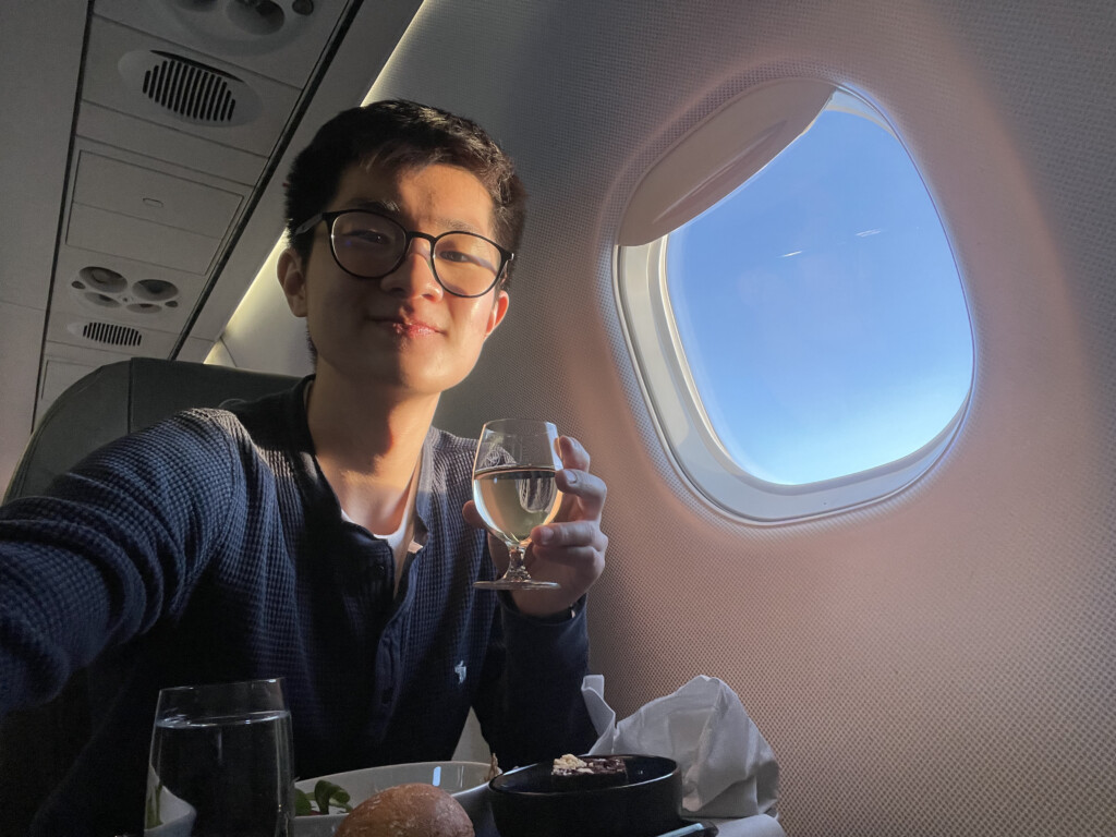 a man holding a glass of wine in a plane