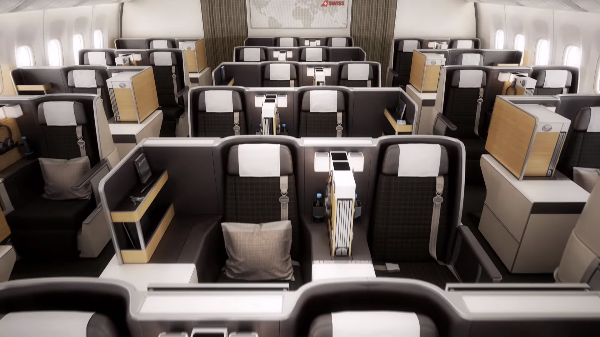 an airplane cabin with rows of seats