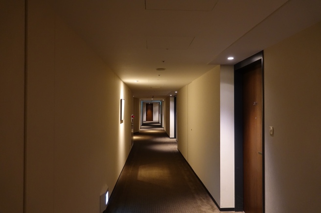 a long hallway with doors and a door