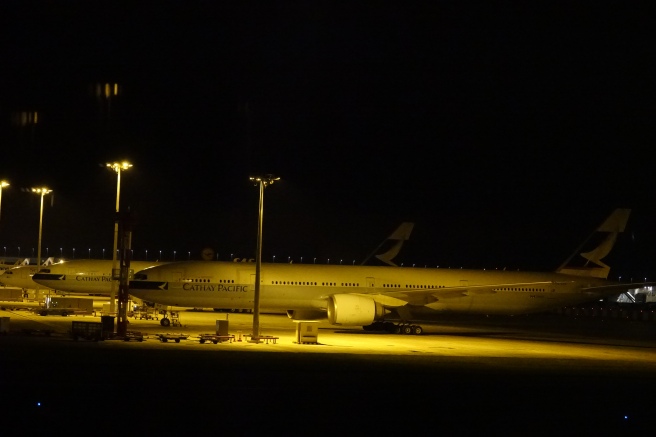an airplane at night with lights
