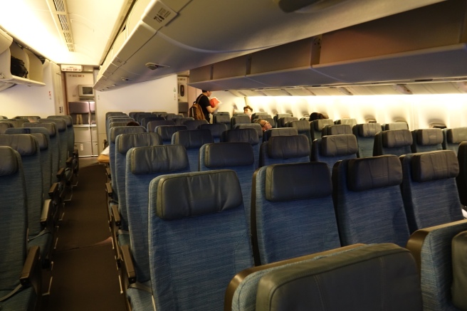 an airplane with blue seats