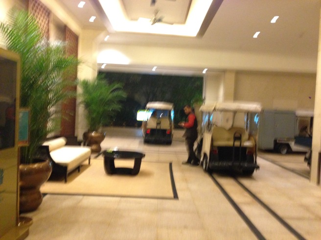 a man standing next to a couple golf carts in a lobby