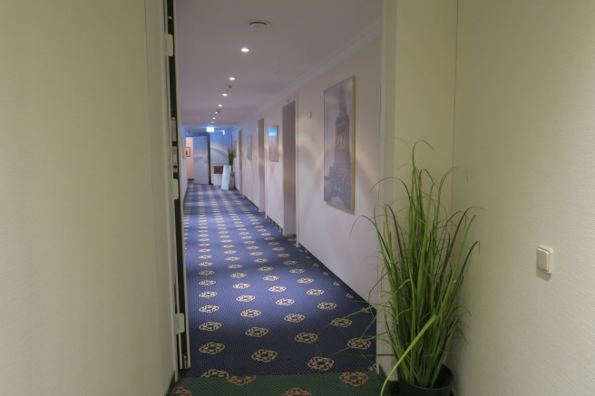 a hallway with a plant in a pot