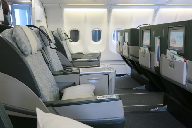 an airplane seats with a white pillow and a white pillow