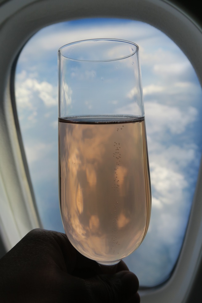 a glass of champagne in a window