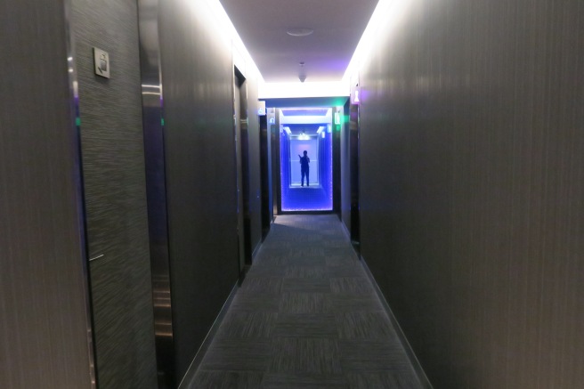 a long hallway with elevator doors and a person standing in the back