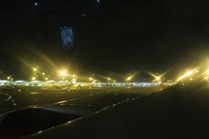 a view of a runway at night