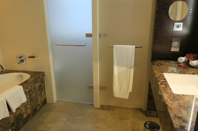 a bathroom with a glass door and a towel on a bar