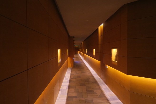 a long hallway with lights