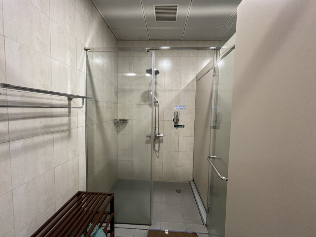 a shower with a glass door