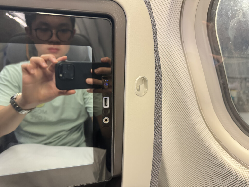 a person taking a selfie in an airplane