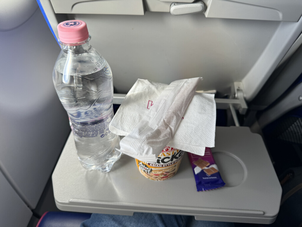 a bottle of water and food on a table