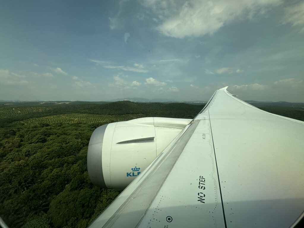 an airplane wing over a forest