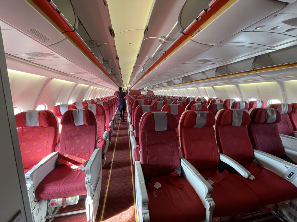a plane with red seats
